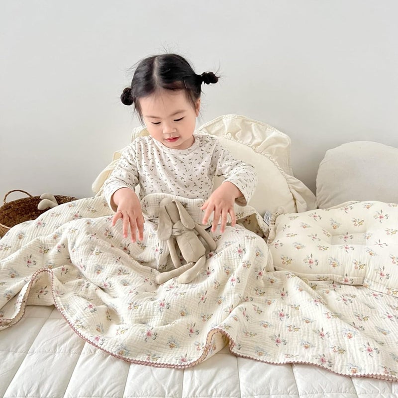 BuLuTu Large Cotton Muslin Kids Toddler Throw Blanket - 47''x51'' Reversible Lightweight Azalea Little Flower Thin Summer Quilt Baby Quilt for Crib Bed,Stroller,Travel,White - Image 2